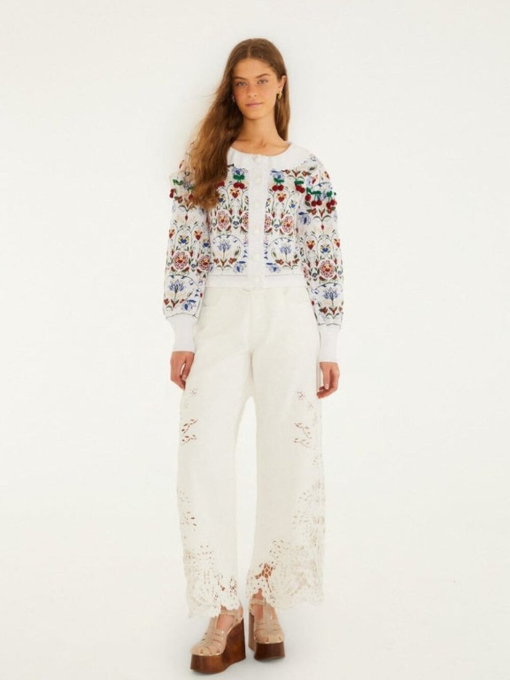 Farm Rio Stitched Garden Ainika Knit Cardigan Long Sleeves Size L Off White - Picture 4 of 4